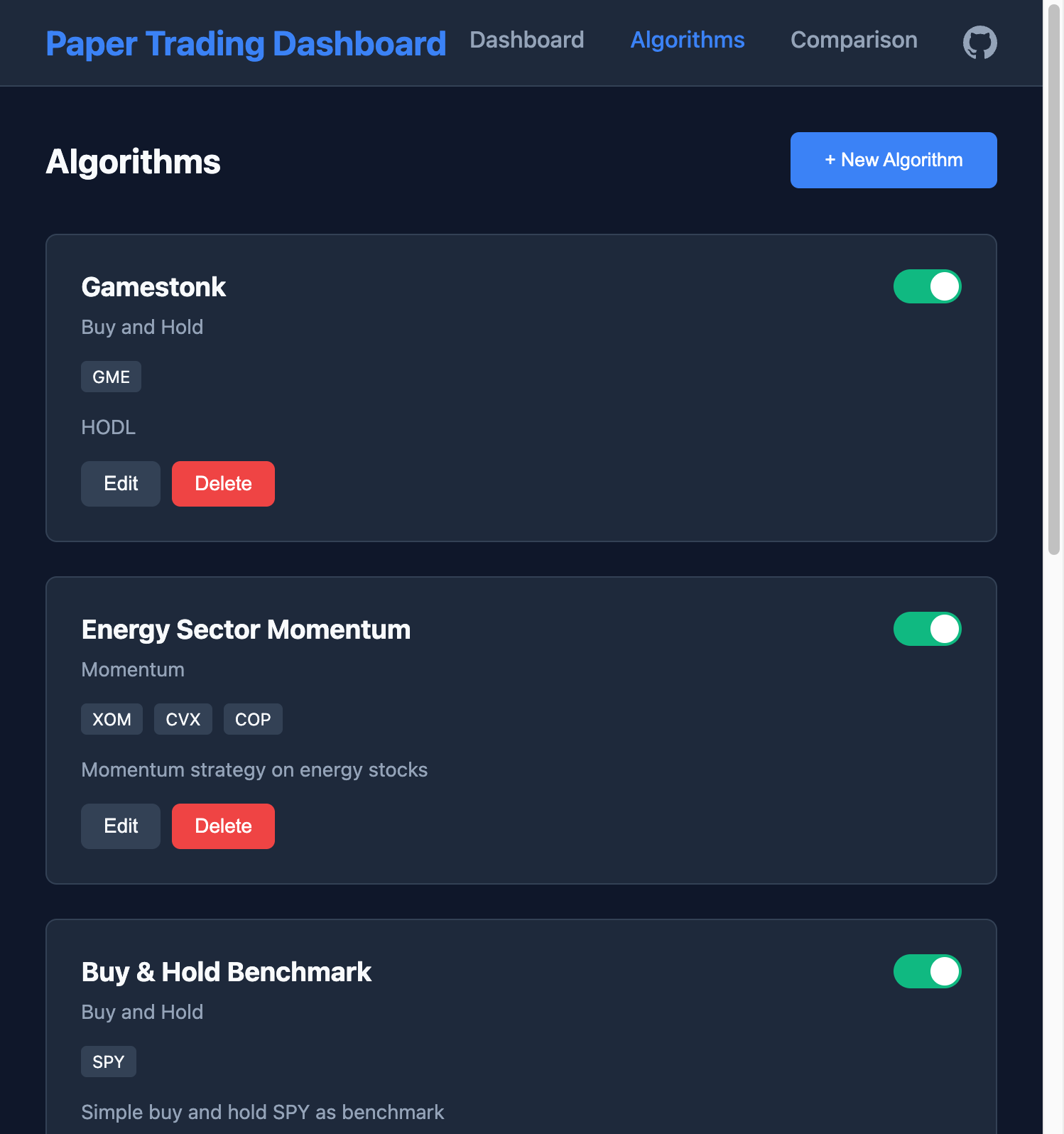 Screenshot of Paper Trading Dashboard